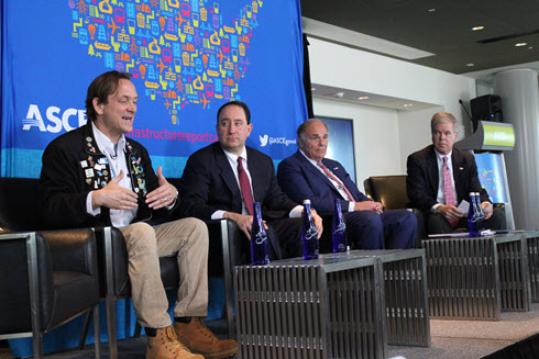 George Hawkins, CEO of DC Water, speaks during a panel discussion at the release event for the 2017 Infrastructure Report Card. He's joined by, from left, Drew Greenblatt, CEO of Marlin Steel Wire, former Pennsylvania governor Ed Rendell, and ASCE's Casey Dinges.