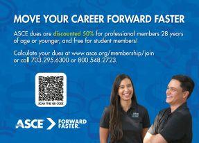 Postcard for younger engineers and students emphasizing lower and free ASCE dues, with QR code