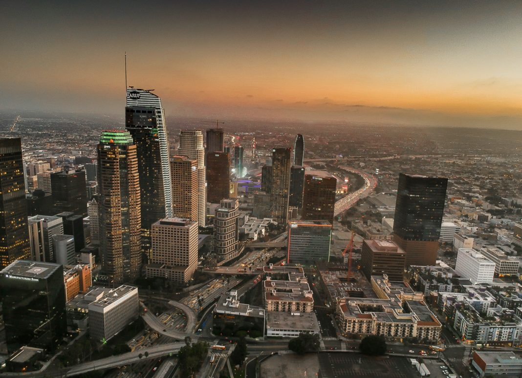 downtown Los Angeles skyline at sunset